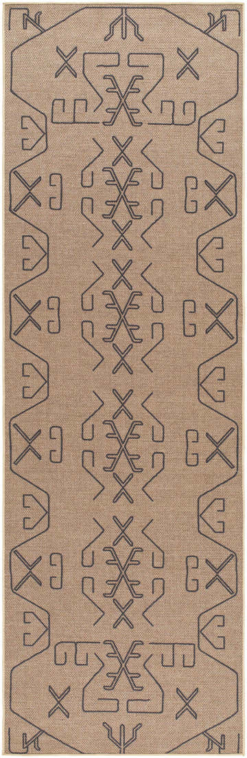 Close-up of the Hamid Washable Jutely Rug. Camel jute rug with a dark brown geometric pattern. Farmhouse style. Design-Runner-268