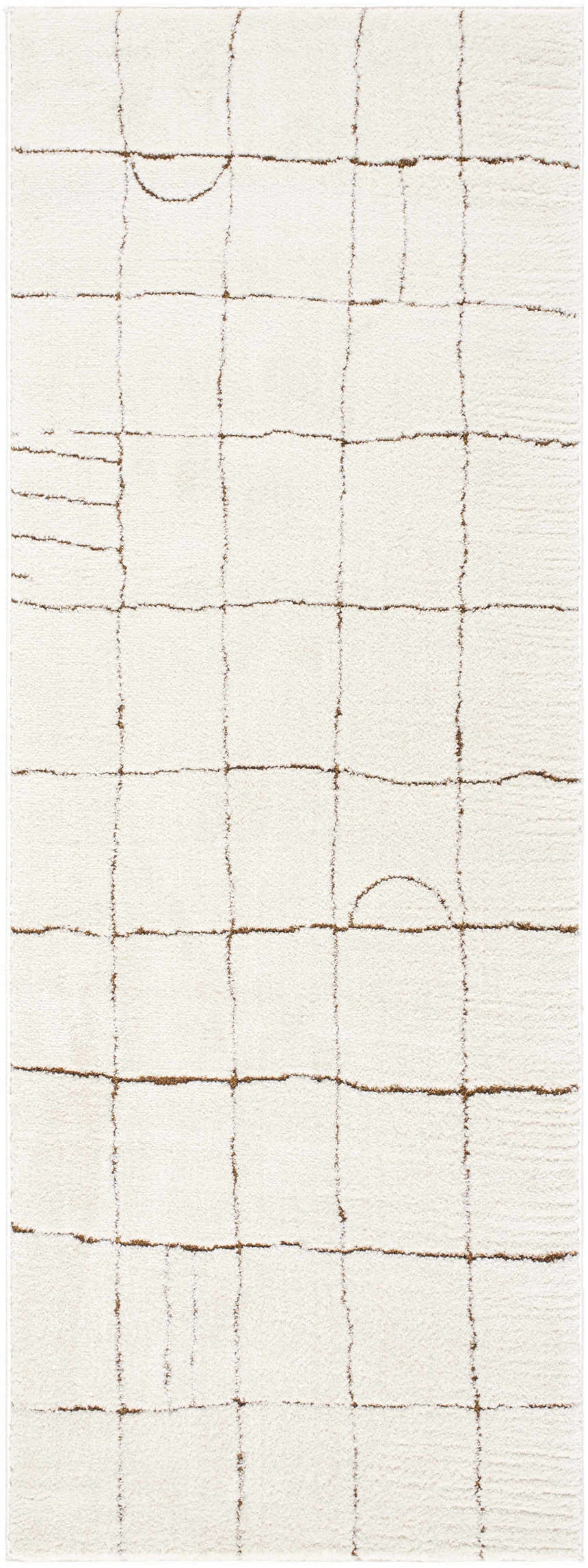 Close-up of the Keanu Area Rug; off-white polyester with a brown geometric grid pattern. Contemporary style. Design-Runner-2773