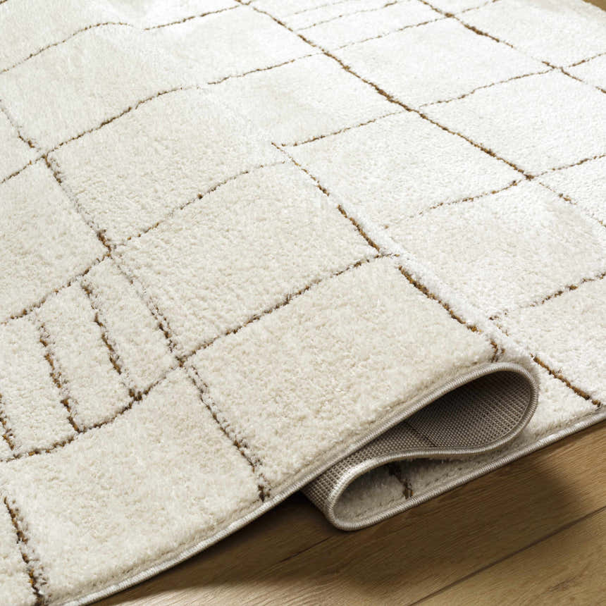 Close up of the beige Keanu Area Rug with a geometric pattern and plush texture. Fold