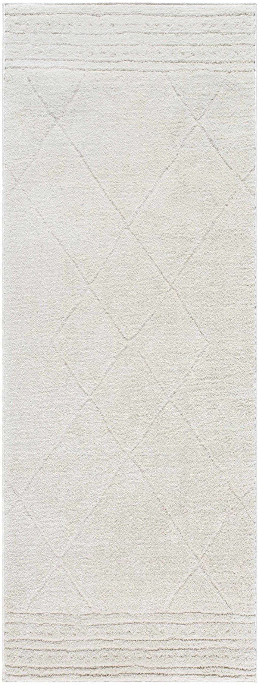 Close-up of the Keone Ivory Area Rug showing the diamond pattern and textured beige, ivory, and off-white colors. Design-Runner-2773