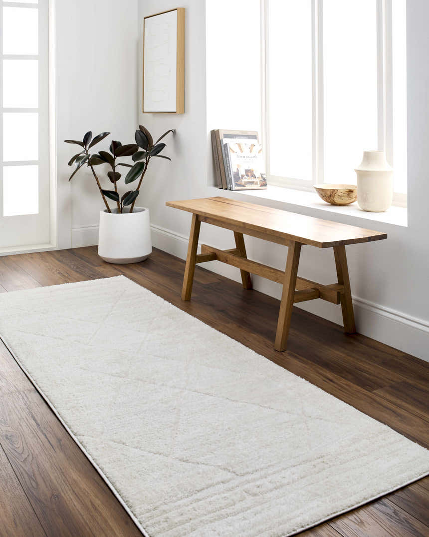 Entryway with Keone Ivory Area Rug, wood floors, bench, plant, and bright natural light. Roomscene-Runner