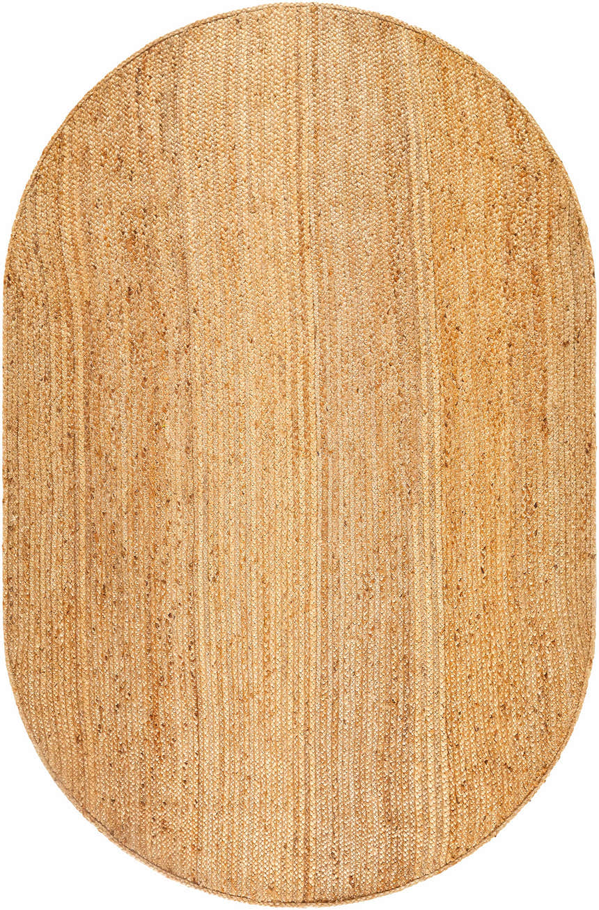 Close-up of the Shippagan Tan Jute Braided Rug. Natural jute rug with a braided texture in tan and natural fibers. Design-Oval-69