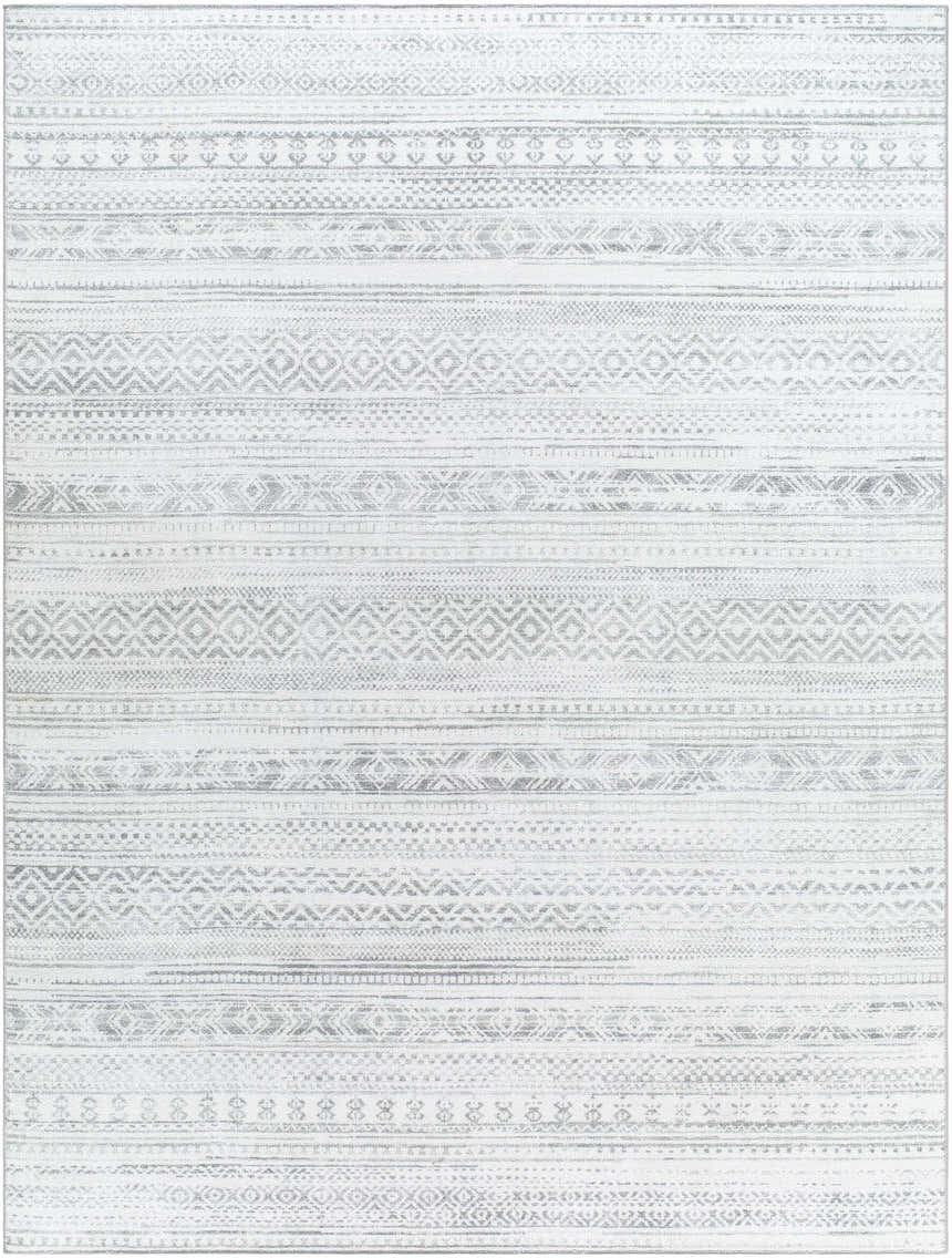 Close-up of Gizeh Silverton Washable Area Rug. Features a gray and silver geometric, striped pattern and soft texture. Design-Rectangle-710106