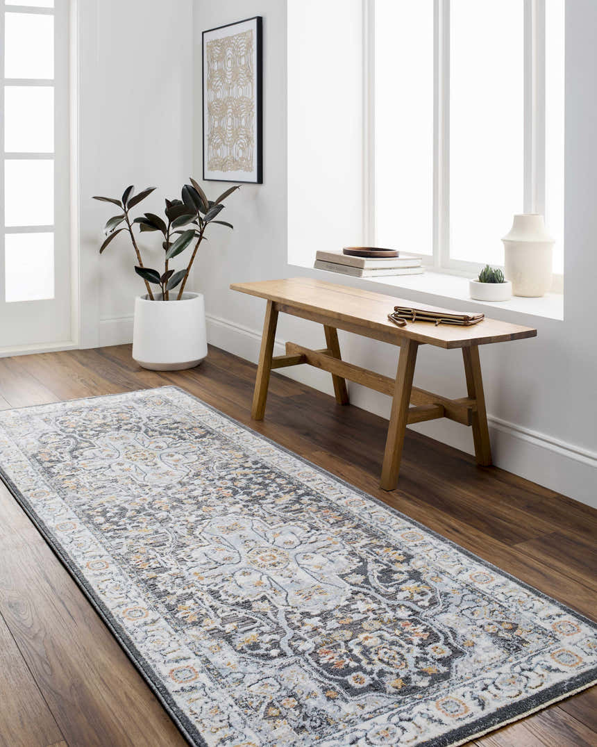 Hallway scene with a gray Hayfa Area Rug runner, wood bench, and natural light. Roomscene-Runner
