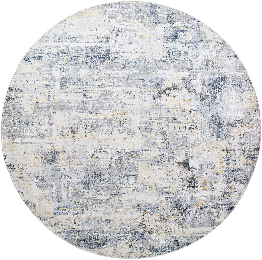 Close-up of round Hyman Area Rug. Abstract design in camel, cloud gray, denim, and gray tones. Contemporary style. Design-Round-67