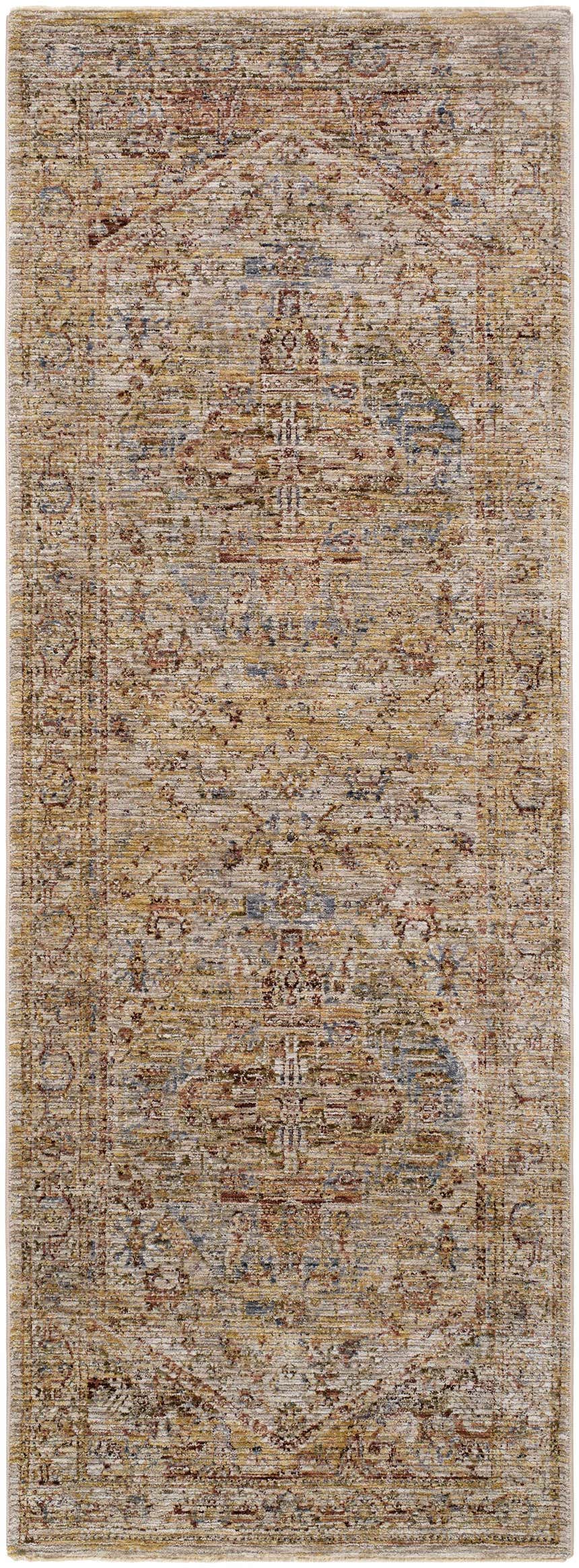 Close-up of Alois Rust Rich Textured Traditional Rug. Farmhouse style rug with bone, brown, beige, and blue tones. Design-Runner-2710