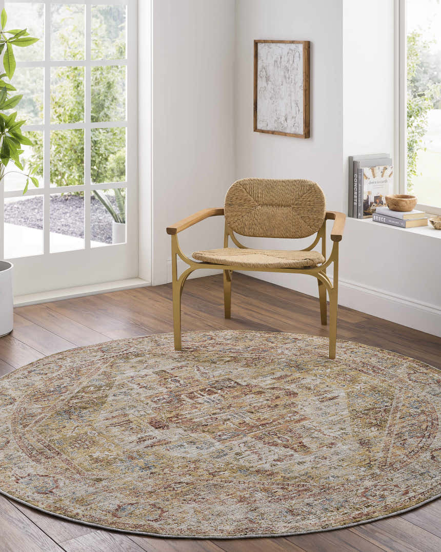 Sunlit room with Alois Tan Rich Textured Traditional Rug, woven chair, and wood floors. Roomscene-Round