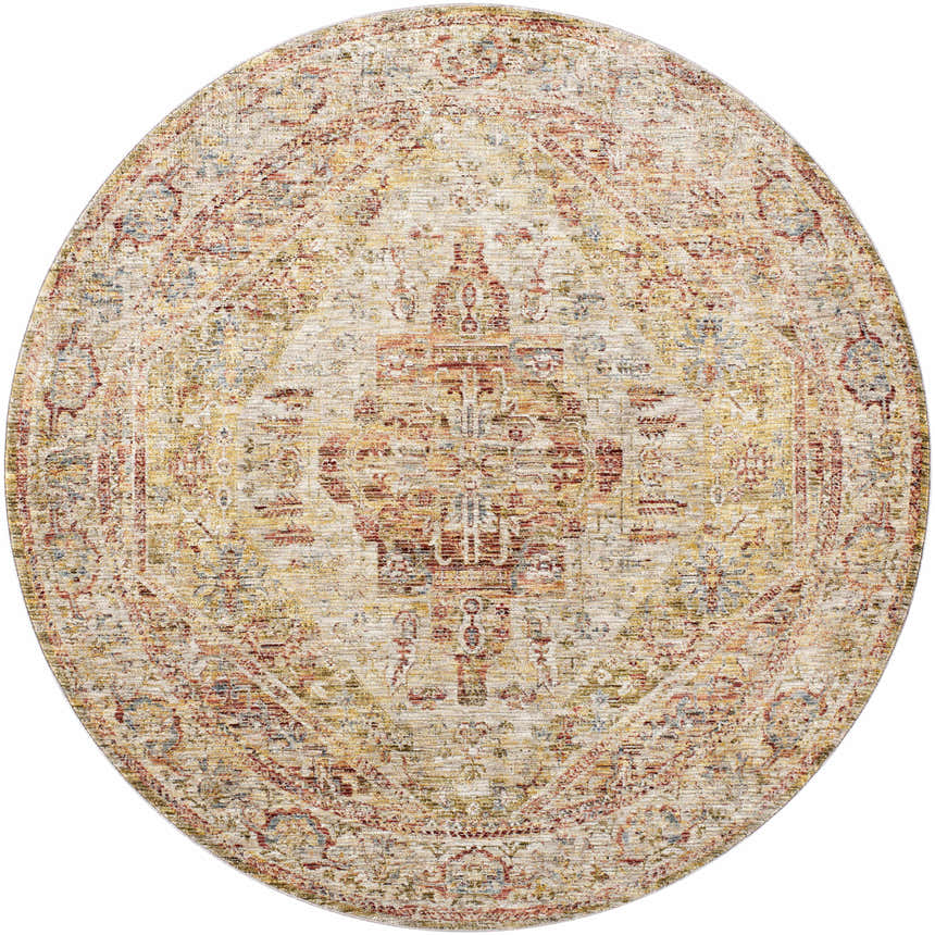 Close-up of a round Alois Tan rug. Rich, textured traditional design in bone, clay, and walnut colors. Design-Round-67