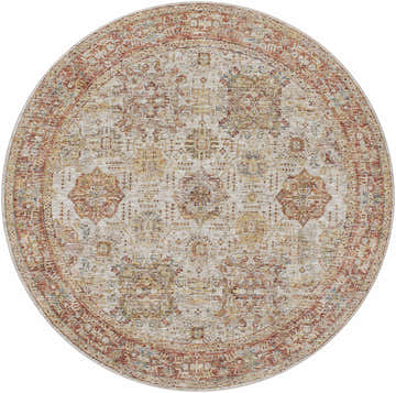Close-up of a round Ange Rust rug. Rich texture, traditional pattern, bone, rust, and gray coloring. Design-Round-67