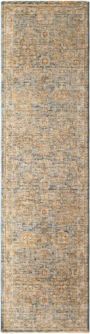Close-up of the Ange Cream & Blue Rich Textured Rug, showing its bone, taupe, and blue farmhouse design. Design-Runner-2710
