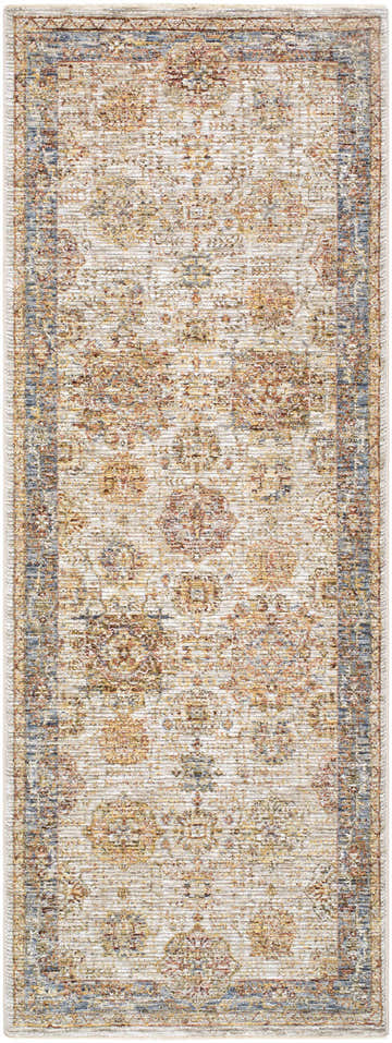 Richly textured Ange Tan & Blue Traditional Rug with a farmhouse-style floral pattern in clay, mocha, and taupe. Design-Runner-273