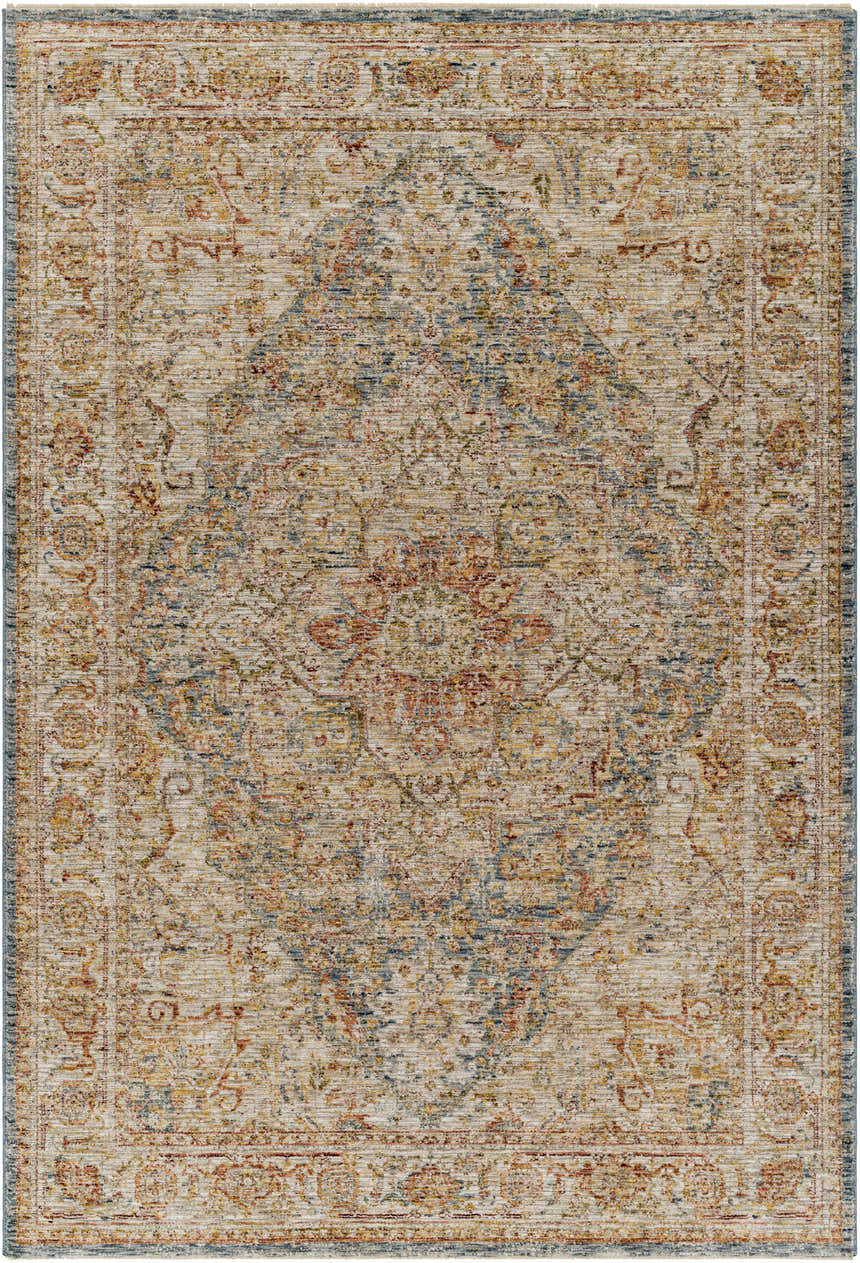 Close-up of the Cress Tan Rich Textured Traditional Rug, showcasing its bone, blue, gold, and garnet colors and farmhouse style. Design-Rectangle-575