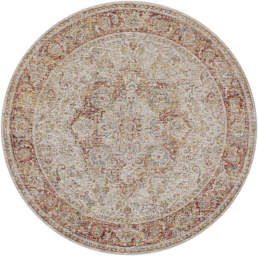 Close-up of a round Cress Rust rug. Rich textured traditional design in clay, dark brown, and light peach colors. Design-Round-67