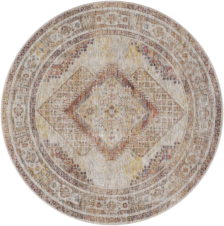 Detailed round Moya Tan rug with a rich, textured traditional design in bone, clay, and brown tones. Design-Round-67