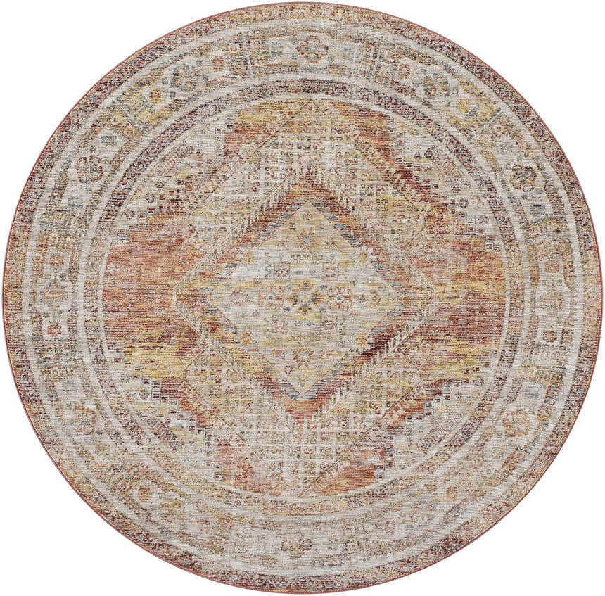 Round Moya Rust rug featuring a traditional, rich-textured design in bone, clay, and brown tones. Design-Round-67