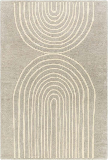 Close-up of the Fuat Medium Gray Area Rug. Beige arches on a textured, hand-tufted, light gray wool rug. Contemporary style. Design-Rectangle