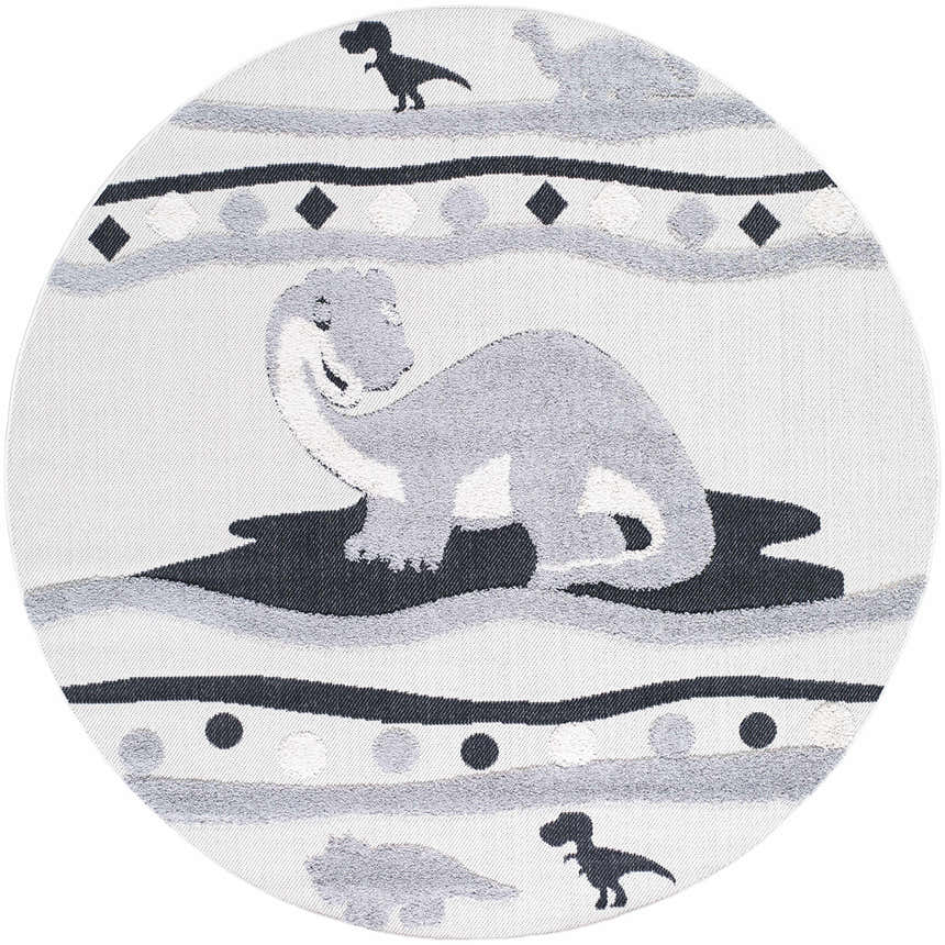 Close-up of a round Kids Dinosaur Animal Print Nursery Area Rug with bone, dark gray, and nutmeg colors. Design-Round-710