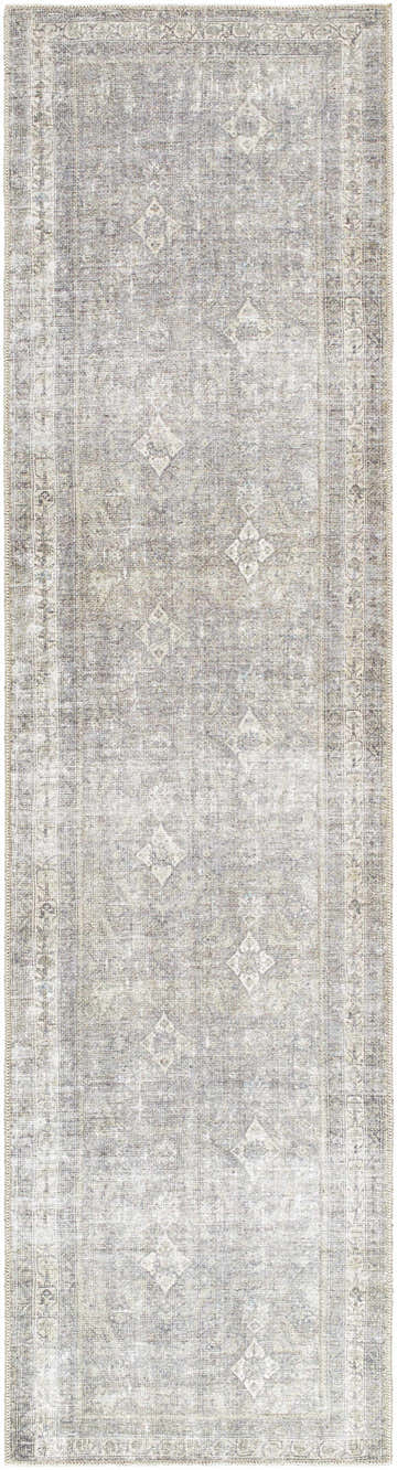 Close-up of the Kelda Washable Area Rug, a vintage-style runner with a faded Persian pattern in neutral gray tones. Design-Runner-2710