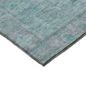 Close-up of Dalyn Luxury Solace SL11 Aqua Washable Area Rug. Aqua, silver gray, taupe, and teal farmhouse style.