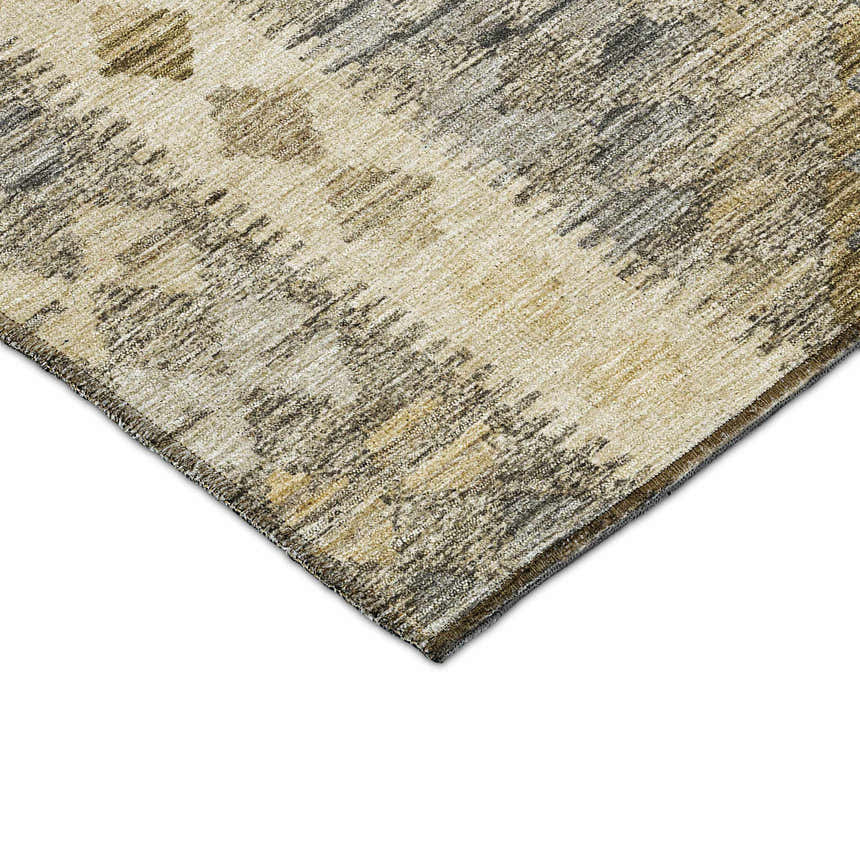 Close-up of Dalyn Luxury Solace SL13 beige washable rug. Farmhouse style rug with chestnut, ivory, and taupe colors.
