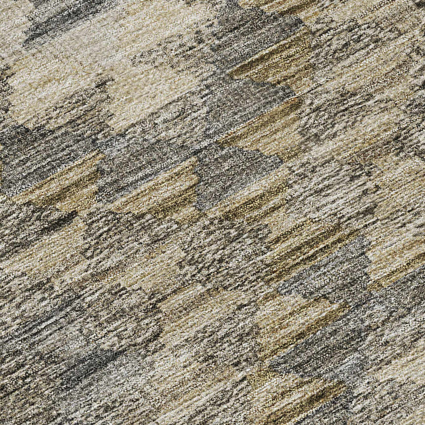 Close-up of Dalyn Luxury Solace SL13 beige washable rug. Abstract pattern in beige, chestnut, ivory, and taupe.