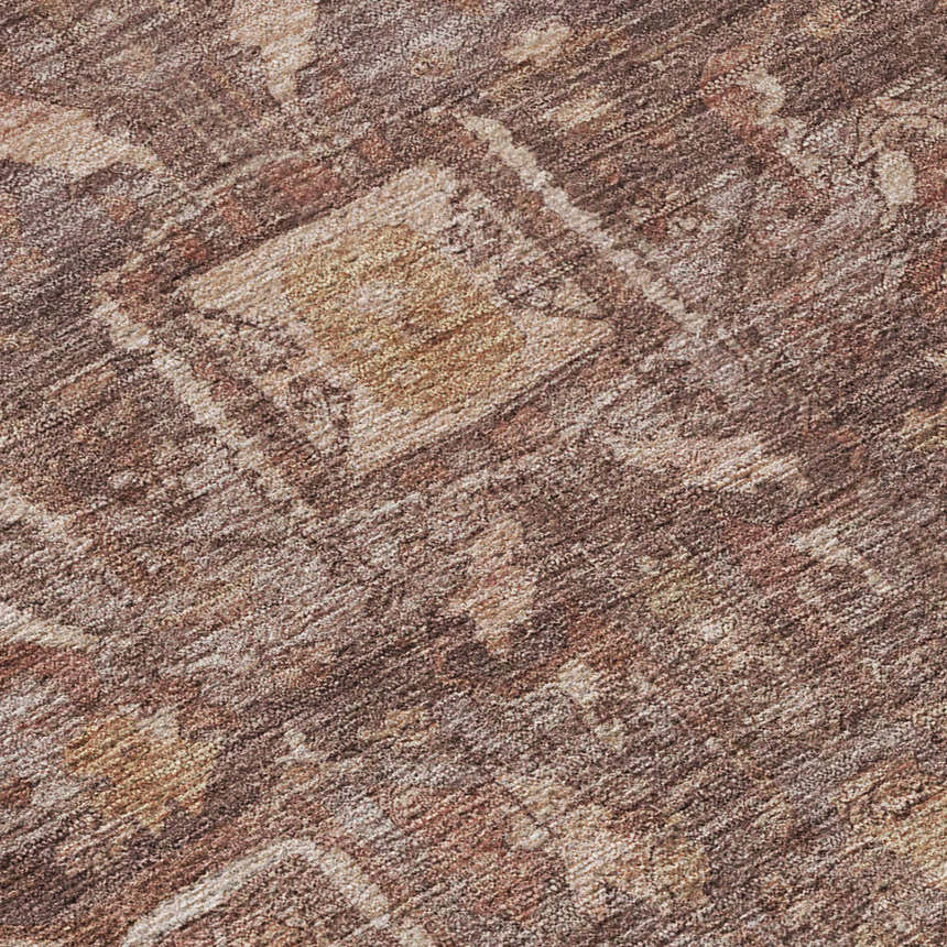 Close-up of the Dalyn Luxury Solace SL14 Burgundy Washable Area Rug. Beige, burgundy, and merlot farmhouse style texture.