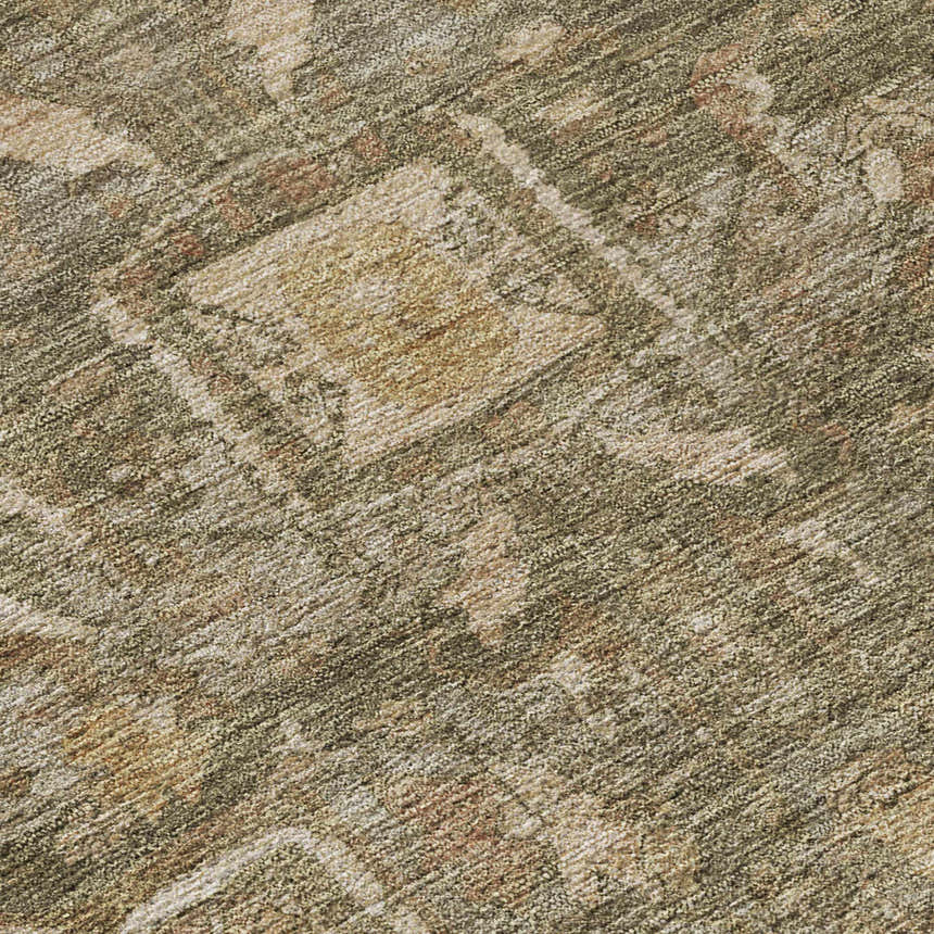 Close-up of Dalyn Luxury Solace SL14 Fern Washable Area Rug. Beige and green farmhouse style rug texture.