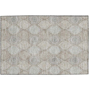 Close-up of the Dalyn Luxury Solace SL1 Taupe Washable Area Rug. Beige, brown, and gray geometric pattern. Farmhouse style.