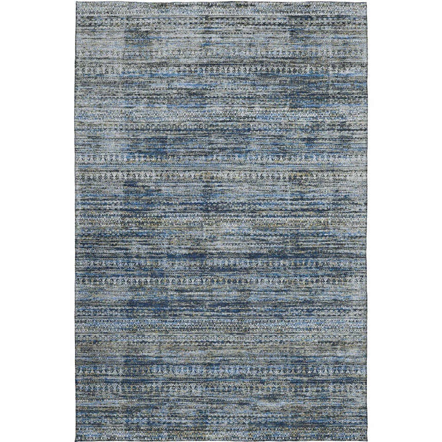 Close-up of the Dalyn Luxury Indoor/Outdoor Solace SL3 Denim Washable Area Rug with beige, blue, and brown horizontal stripes.