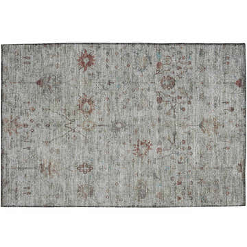 Close-up of Dalyn Luxury Solace SL4 Gray Washable Area Rug. Farmhouse style rug with paprika and silver gray floral pattern.