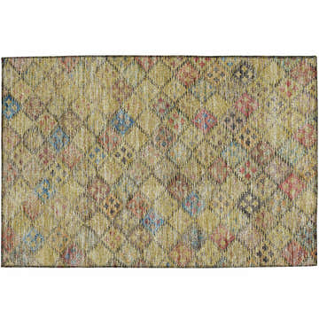 Close-up of the Dalyn Luxury Solace SL6 Gold Washable Area Rug. Features a diamond pattern with caramel, denim, gold, and peach tones.