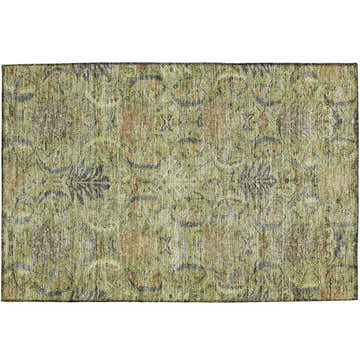 Close-up of Dalyn Luxury Solace SL7 Aloe Washable Area Rug. Green, caramel, and ivory farmhouse style rug with floral pattern.