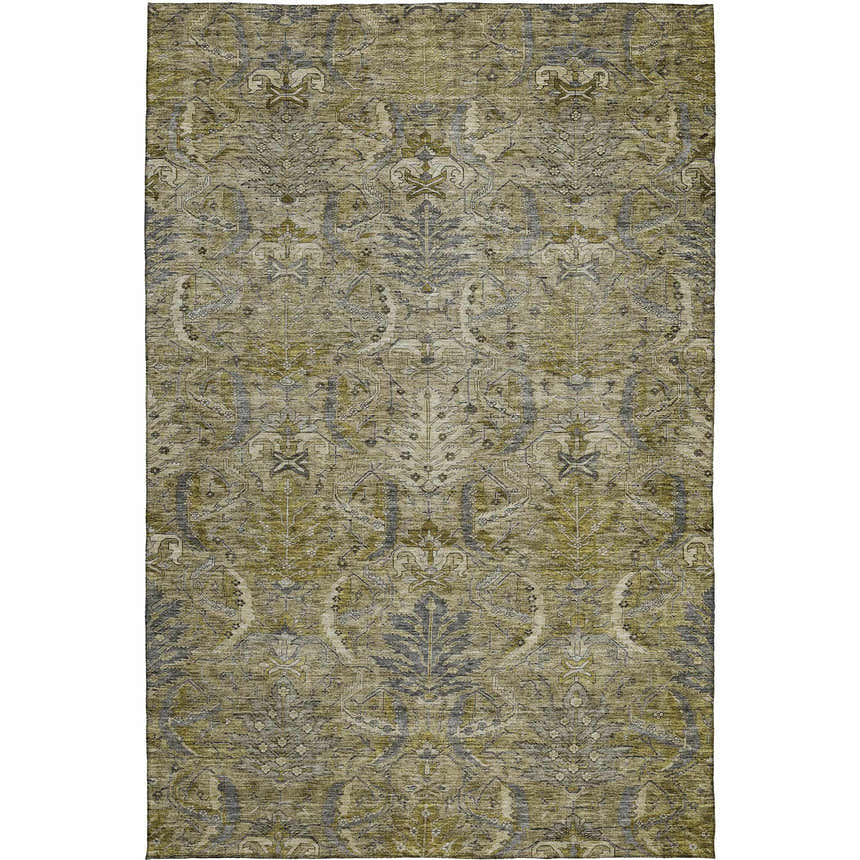 Close-up of the Dalyn Luxury Solace SL7 Taupe Washable Area Rug, featuring a beige, olive, and taupe traditional pattern.
