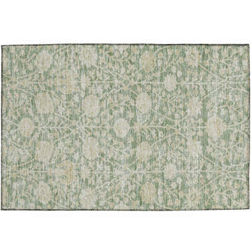 Close-up of a Dalyn Luxury Solace SL8 Aloe Washable Area Rug. Green, beige, and aloe floral pattern. Farmhouse style.
