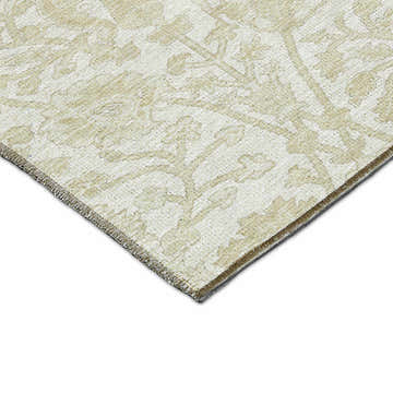 Close-up of Dalyn Luxury Solace SL8 Ivory Washable Area Rug. Beige and chestnut floral pattern on a textured polyester rug.