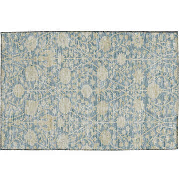 Close-up of the Dalyn Luxury Solace SL8 Sky Washable Area Rug, featuring a floral beige and sky blue pattern.