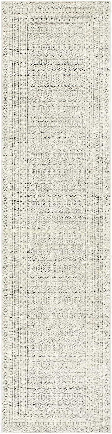 Close up of a bone and cloud gray Said Area Rug with a farmhouse-style geometric pattern. Design-Runner-2710