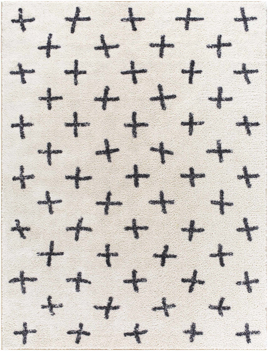 Close-up of Bede Washable Area Rug - Clearance. Beige shag rug with a charcoal plus sign geometric pattern. Design-Rectangle-710106