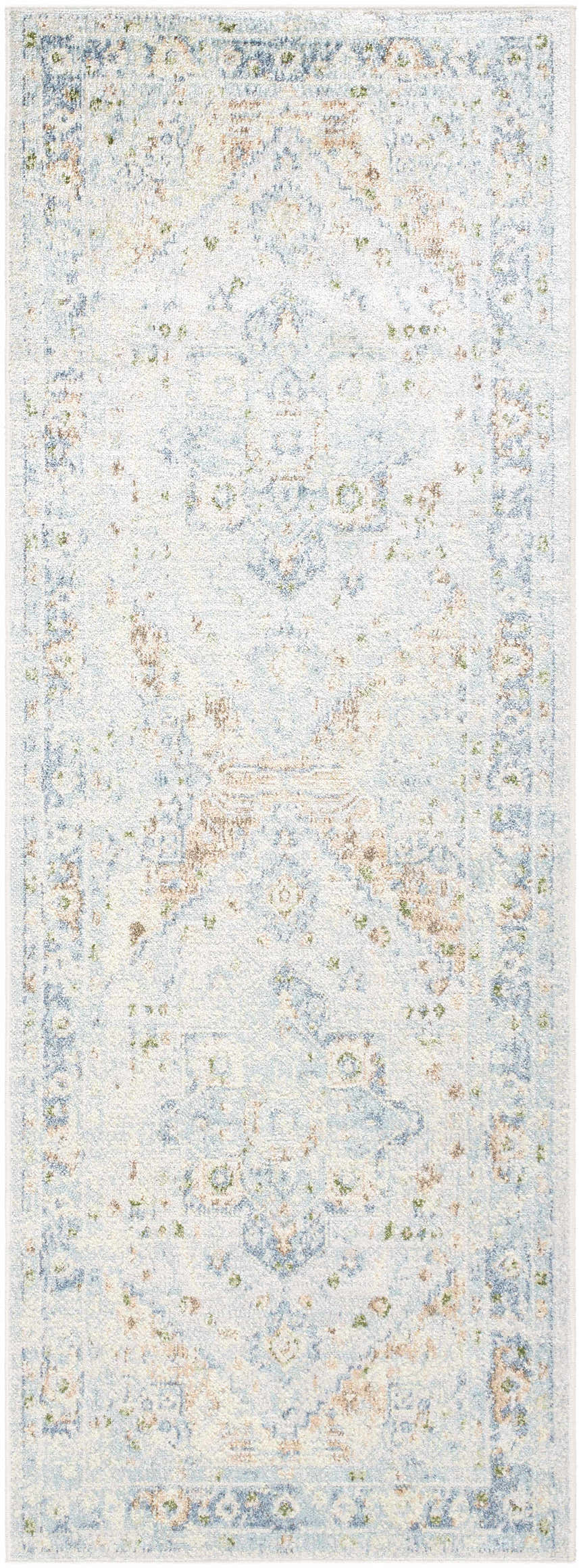 Close-up of Ezri Washable Area Rug. Beige, light blue, and orange farmhouse style rug with traditional pattern. Design-Runner-2773