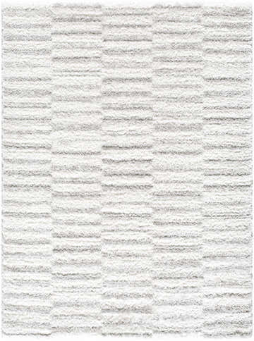 Close-up of the Anevay Light Gray Area Rug. Cream and light slate shag rug with a horizontal striped pattern. Design-Rectangle-537