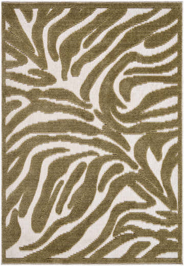 Close-up of Keto Olive Washable Area Rug featuring a contemporary abstract pattern in off-white and olive green. Design-Rectangle-57