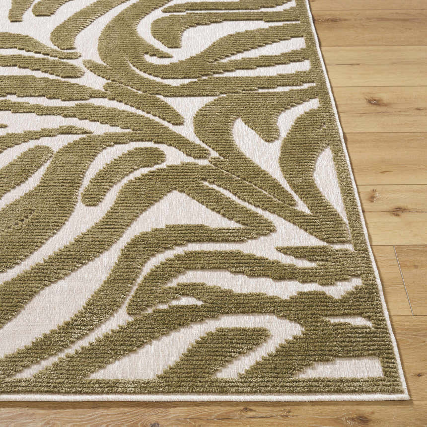 Close-up of the Keto Olive Washable Area Rug showing its off-white base and contemporary olive swirl pattern. Front