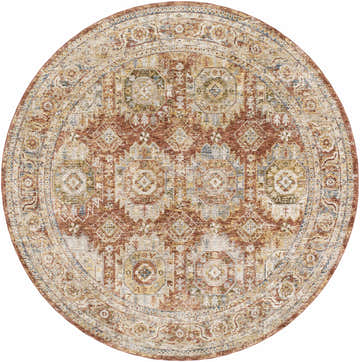 Round Crescentia Rust Area Rug with a traditional brick red, tan, and blue geometric pattern. Design-Round-710