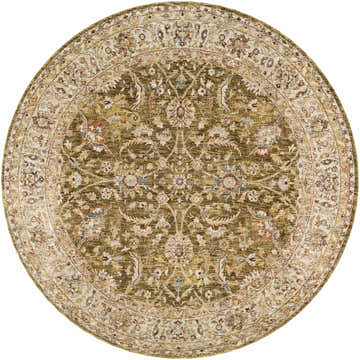 Round Dyan Green Textured Rug. Olive, tan, and burgundy floral pattern. Farmhouse style. Design-Round-67
