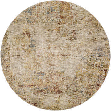 Close-up of round Eula Textured Rug. Beige rug with abstract pattern in brick red, mustard, olive, and dark blue. Design-Round-53
