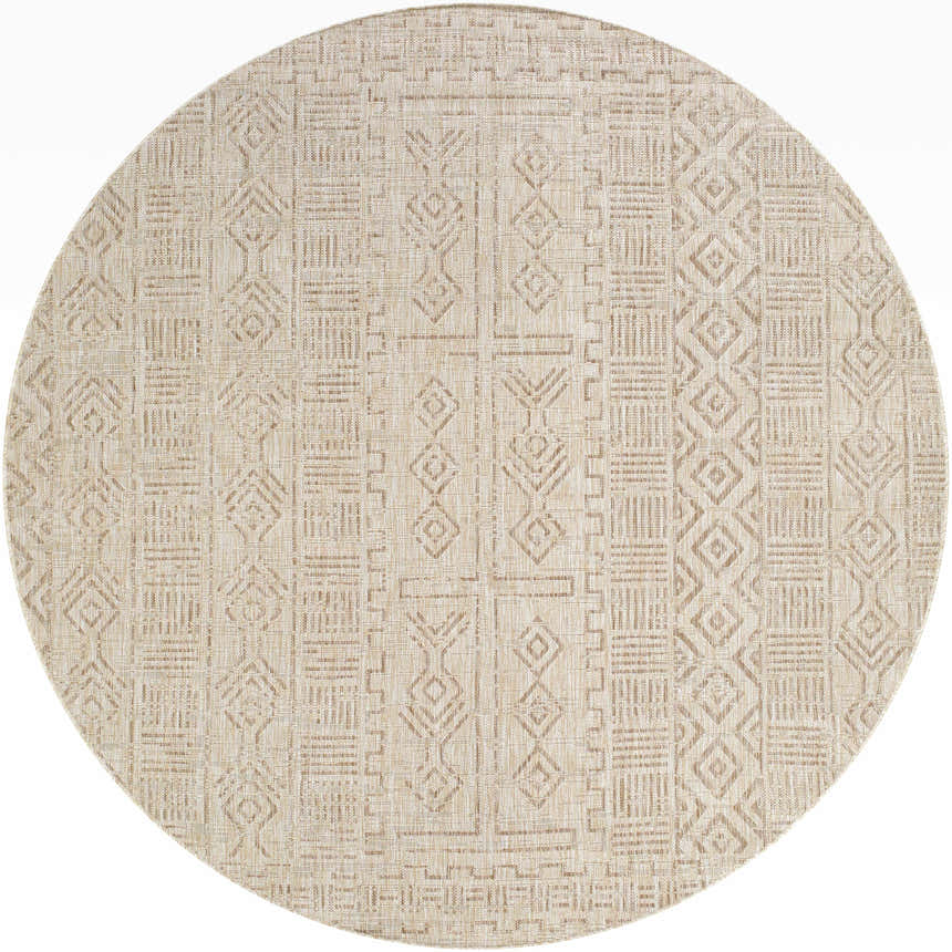 Close-up of a round Epson Beige Indoor Outdoor Rug. Bohemian style rug with geometric brown and beige pattern. Design-Round-710