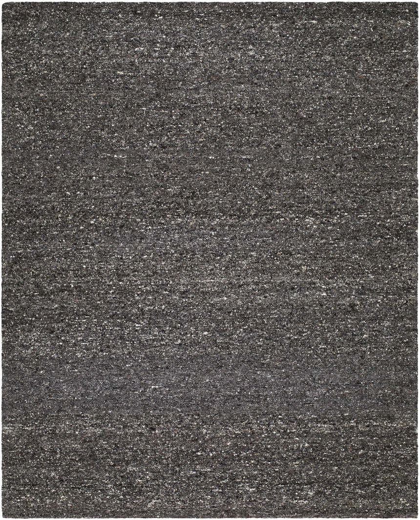 Close-up of the hand-tufted Sevan Black Wool Area Rug, showing its jet black, medium gray, and taupe colors and textured design. Design-Rectangle-810