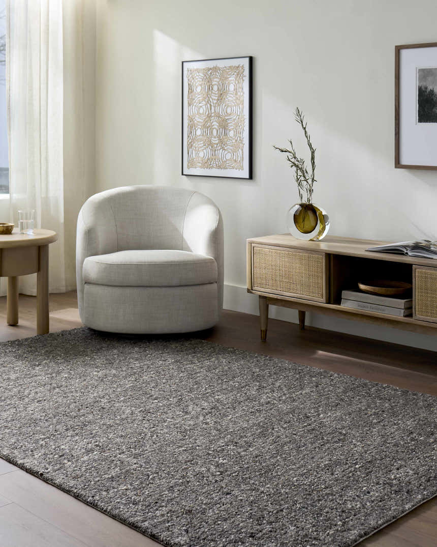 Living room scene with gray Sevan Black Wool Area Rug, cream chair, and wood media console. Roomscene-Rectangle