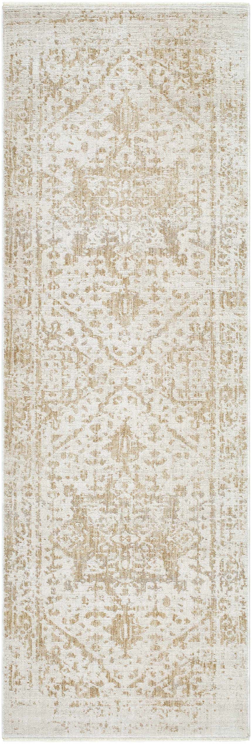 Close-up of the Sunee Luxe Rug in ash, pearl, and silver gray. Farmhouse style with a subtle traditional pattern. Design-Runner-27710