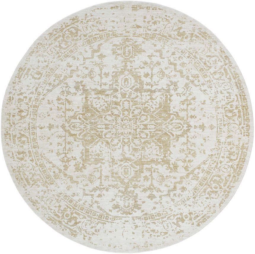 Round Sunee Luxe Rug in ash, pearl, and silver gray. Farmhouse style with a traditional medallion pattern. Design-Round-7